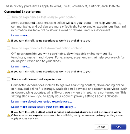 Connected Experiences settings
